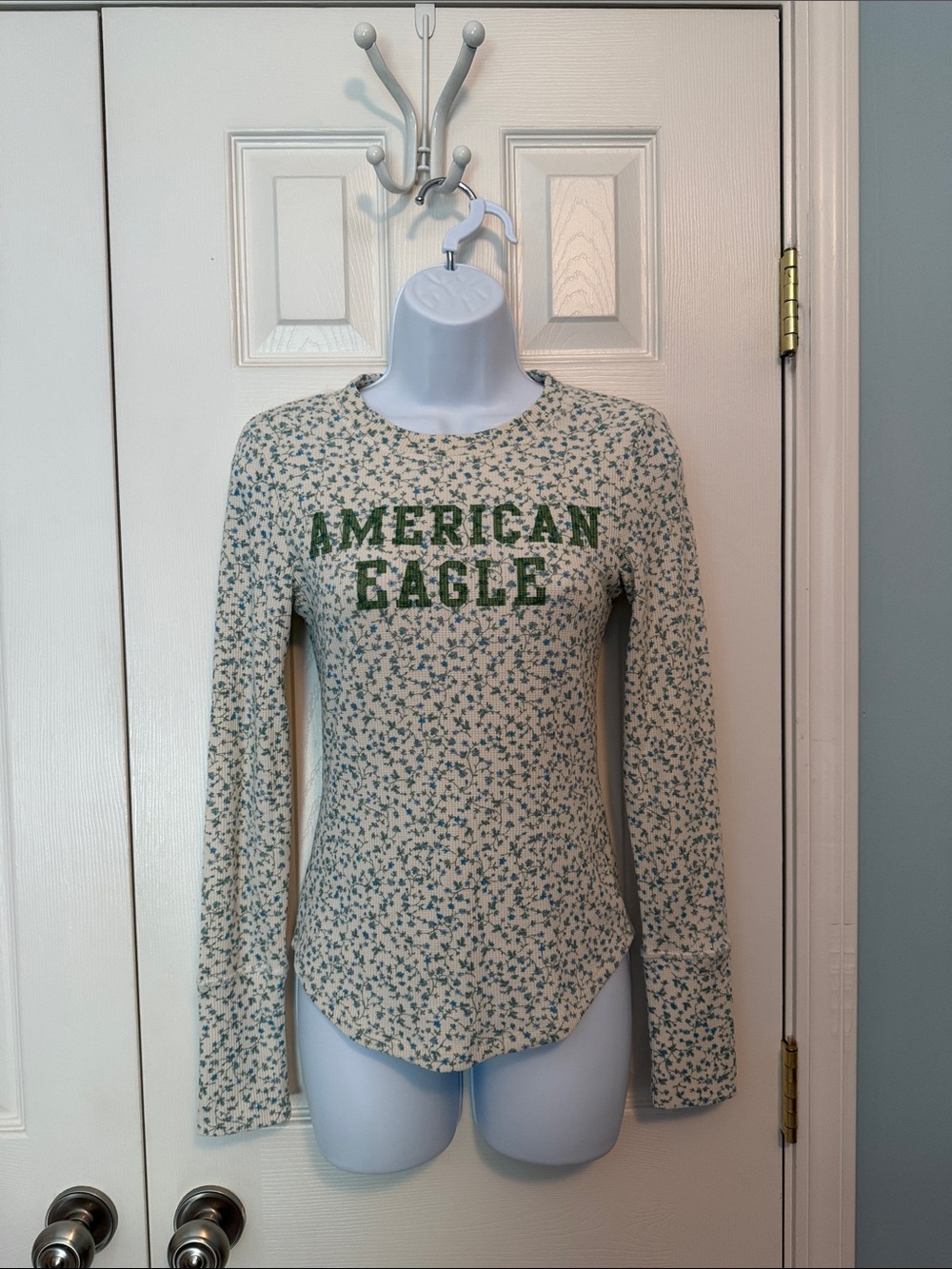American Eagle Outfitters Cream Long Sleeve Tee with blue Floral Print S